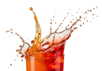 Dynamic liquid splash from glass with ice isolated on transparent background