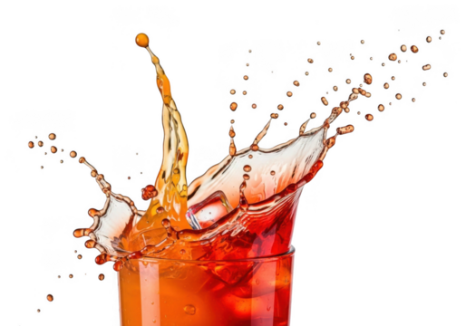 Dynamic liquid splash from glass with ice isolated on transparent background