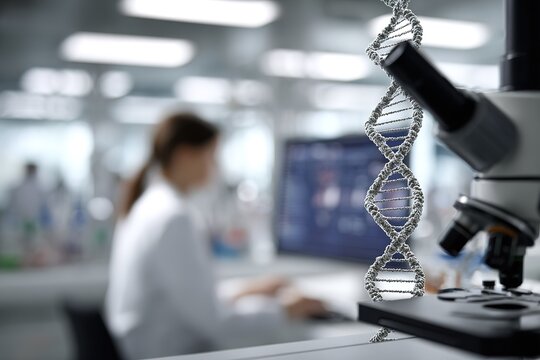Lab technician analyzing DNA samples under a microscope in a modern laboratory setting during the day