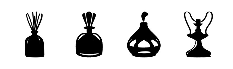Set of elegant aromatic home fragrance and decor items silhouette vector icons