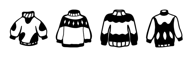 Hand-drawn black and white doodle of cozy winter sweaters collection icon set