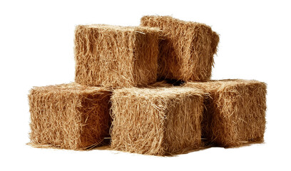  bales of hay isolated on a white background, png clipart cutout. pile of straw bales in a square shape for animal food and agricultural product presentation. -
