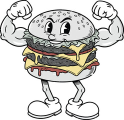 Strong Muscle Burger Mascot Character Flexing Biceps in Retro Style.