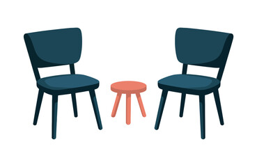 Two dark blue chairs face each other with a small coral table in between.