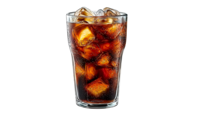 a glass of cola with ice, isolated on a white background. detailed, high-quality image in png format. 