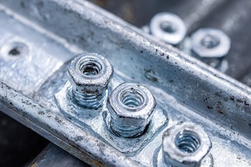 Close-up view of shiny metal bolts and nuts resting on a steel surface with visible wear and tear