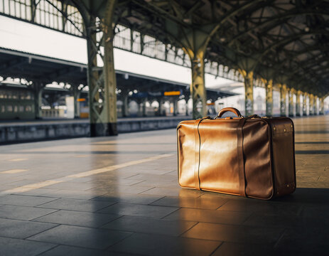 Vintage Suitcase at Train Station Travel, Journey, Luggage, Abandoned, Travel Concept, Railway, Destination, Train Platform.