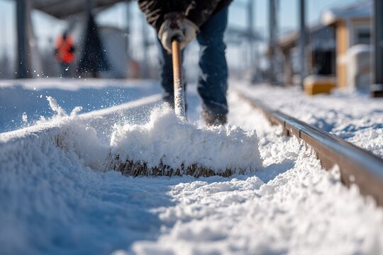 Winter maintenance at a train station involves clearing snow from the tracks during a sunny morning - Powered by Adobe
