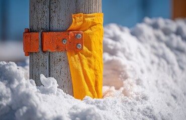 Yellow fabric tied to a snowy pole reveals winter's contrast at a coastal scene