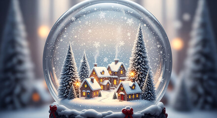 Scenic winter landscape inside a snow globe with falling snowflake. The scene represents a magical Christmas, holiday mood, and wintry charm