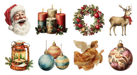 Obraz premium PNG Vintage Christmas festive decorations, element set on transparent background