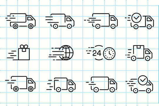 Fast delivery service doodle icons set, express shipping symbols