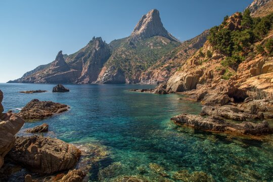Cala Maestra in Montecristo isle showcases stunning natural beauty with clear waters and rugged cliffs under bright sunshine