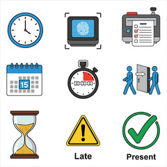 Time management, attendance, security, and scheduling icon set isolated on white background, Vector