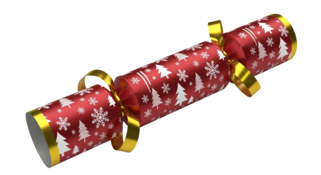 Festive red Christmas cracker with gold ribbon isolated PNG, holiday party favor for seasonal celebrations and gift giving