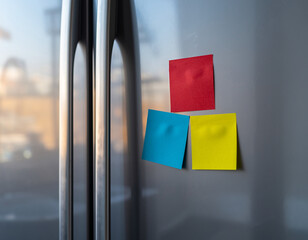 Colorful Sticky Notes on Refrigerator Kitchen Organization, Reminders, Notes, Home Decor, Kitchen Appliance, Stainless Steel Fridge, Memo Board.