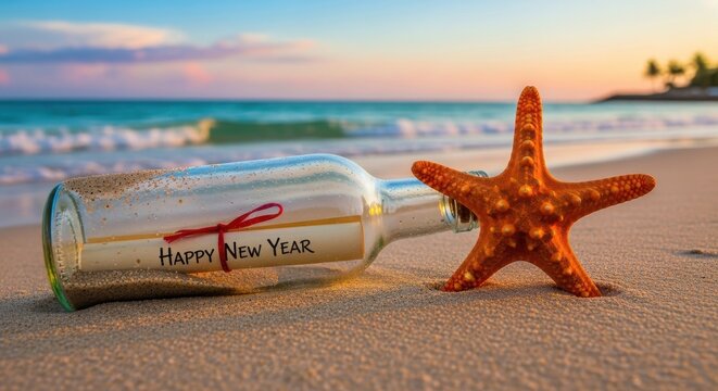 Send warm New Year wishes with a message in a bottle on a stunning tropical beach at sunset