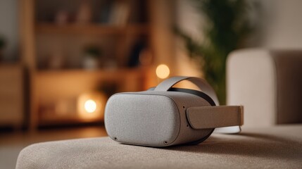 Virtual Reality Headset on Cozy Sofa in Relaxed Living Room