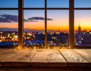 Evening cityscape view through a window from a wood tabletop adorned with string lights