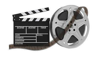 Movie production clapperboard and film reel isolated on a black background