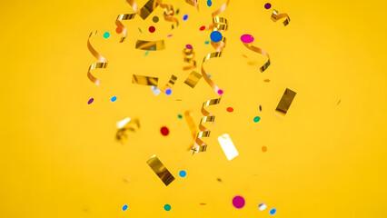 Golden confetti and colorful circles falling on a bright yellow background creating a festive scene.