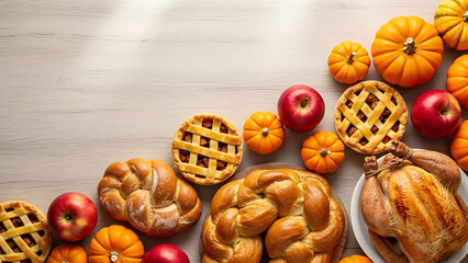 A Thanksgiving Feast with Roasted Turkey, Pies, Apples, and Pumpkins on a Wooden Table