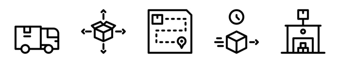Fototapeta premium Pack de iconos de logística. Camión de entrega, caja multidireccional, ruta de envío, paquete urgente, almacén organizado. Diseño vectorial lineal