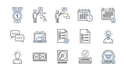 Business Success and Technology Line Icons Set. Includes Certified Badge, Financial Planning, Data Recovery, Team Structure, Checklist, Idea, Communication, and Award Medal Vector Illustration.