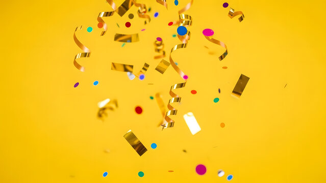 Golden confetti and colorful circles falling on a bright yellow background creating a festive scene.