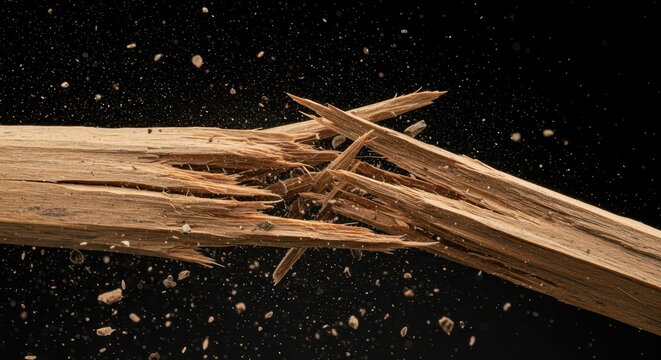 A close-up view of wooden strips violently splintering and breaking apart, creating sharp shards and dust, symbolizing decomposition and extreme pressure ,grain ,debris ,macro