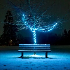 Winter night scene with a bench under a tree decorated with blue lights