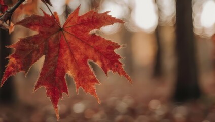 Close-up of a vibrant, autumnal red maple leaf against a blurred forest background