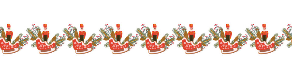 Seamless festive border pattern with gingerbread sled cookies, winter plant, pine branch, christmas ornament soldier and holiday elements.