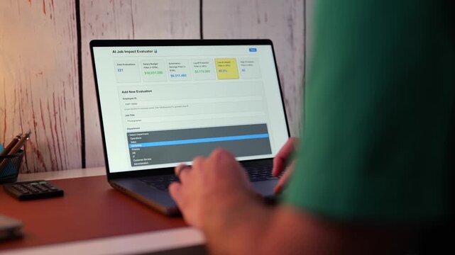 Middle Aged Human Resources Worker Runs Through AI Job Impact Analysis to Calculate Role Effectiveness for Layoffs and to Replace Positions Concept