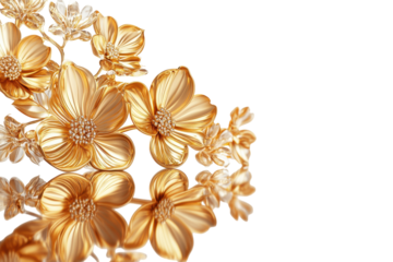 Golden floral arrangement featuring several flowers with golden petals and crystal accents, arranged with some reflected on a clean white background