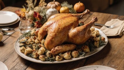 Roasted turkey centerpiece on a table, surrounded by stuffing, pumpkins, and seasonal decor