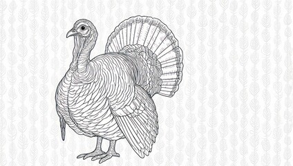 Detailed line art illustration of a turkey in a stylized, feather-patterned background