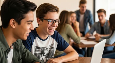 Smiling teens collaborating in classroom setting with laptops and group discussions