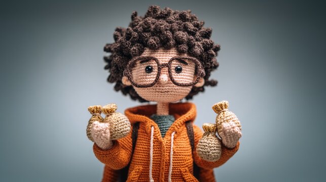 Handcrafted charm: A crocheted doll holds miniature bags, showcasing meticulous artistry and heartwarming details. The playful creation is set against a soft backdrop.