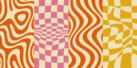 Retro groovy pattern with checkers and swirls in earth tones