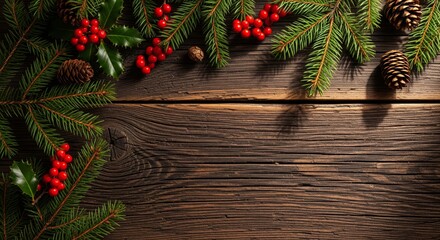 Rustic Wooden Background with Pine Branches Border. aged rustic wooden table surface. Natural green pine branches, red berries, and a few pinecones form a natural border along the top and left edges