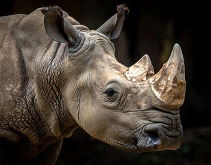Close-up of a rhinoceros head, detailing skin texture, horns, and facial features against a dark background