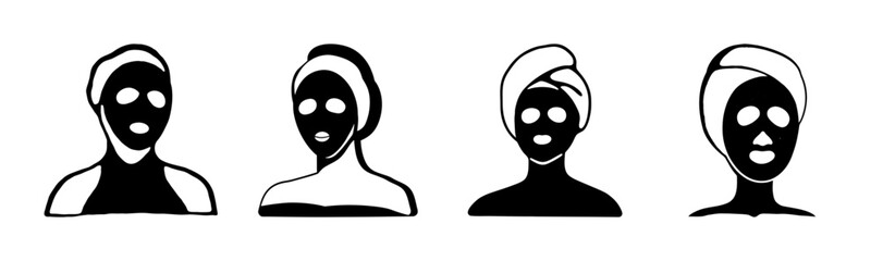 Set of women applying beauty face masks for skin care routine icons illustration