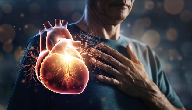 Close-up of a glowing healthy human heart superimposed on a middle-aged man's chest, cardiac health and medical concept