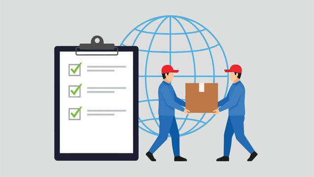 International Delivery Service Vector Illustration with Two Couriers Carrying a Package, Checklist Clipboard, and Global Logistics Map Background