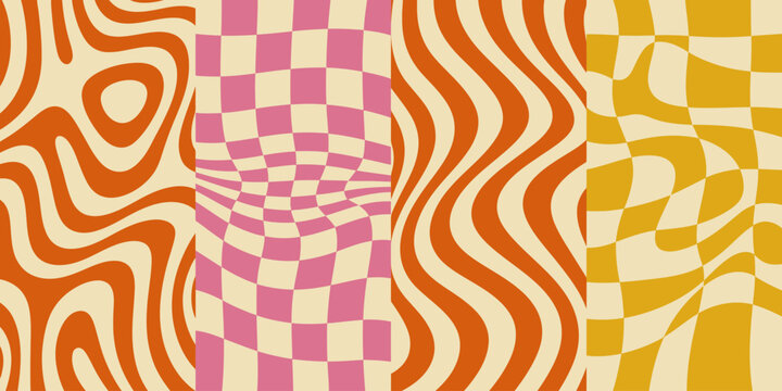 Retro groovy pattern with checkers and swirls in earth tones