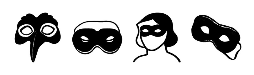 Collection of hand-drawn stylized black masks for disguise, carnival, and mystery