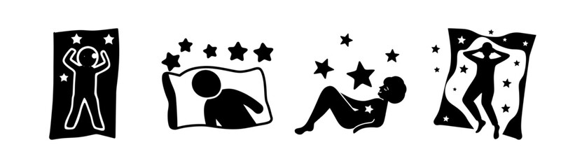 Silhouettes of people sleeping with stars, depicting restful sleep and sweet dreams