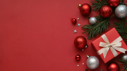 Christmas Ornaments and Gift Box on Red Background – Festive Holiday Flat Lay Decoration