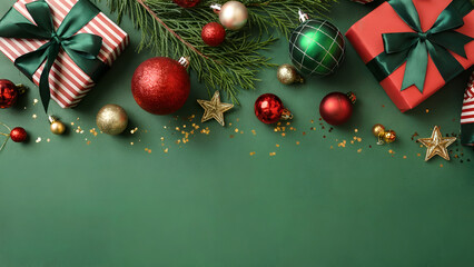Christmas Gift Boxes and Ornaments on Green Background – Festive Holiday Flat Lay Decoration